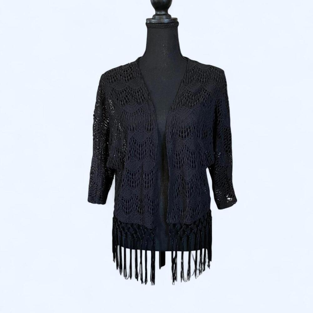 Eyeshadow vintage Y2K open knit fringe cardigan boho fairy size medium 🖤✨